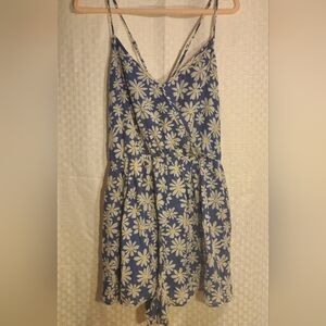 Women's Blue Daisy Romper Lace Up Back Soft Cotton Stretchy